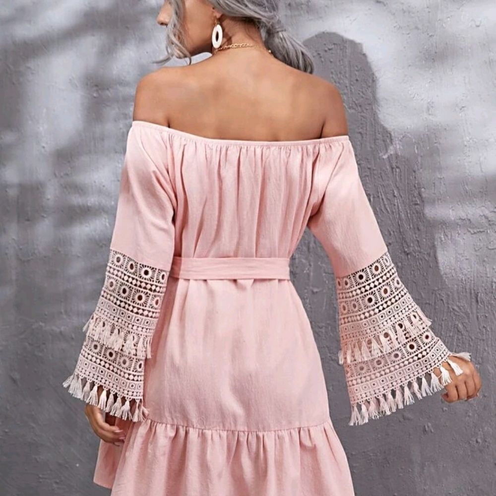 Fringe Ruffle Bardot Dress - Picture 2 of 7